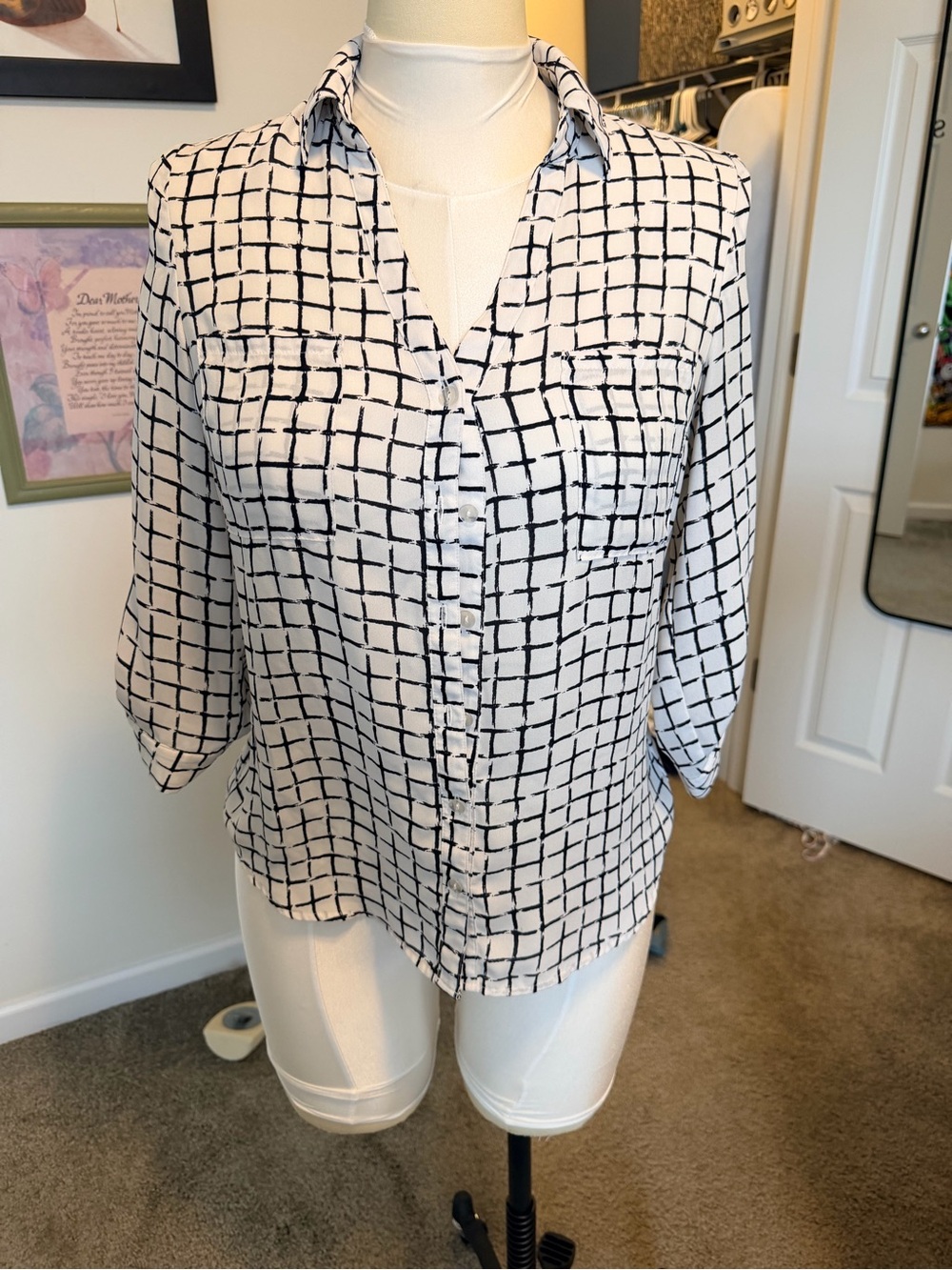Classic White Button-Up Blouse with Black Grid Print